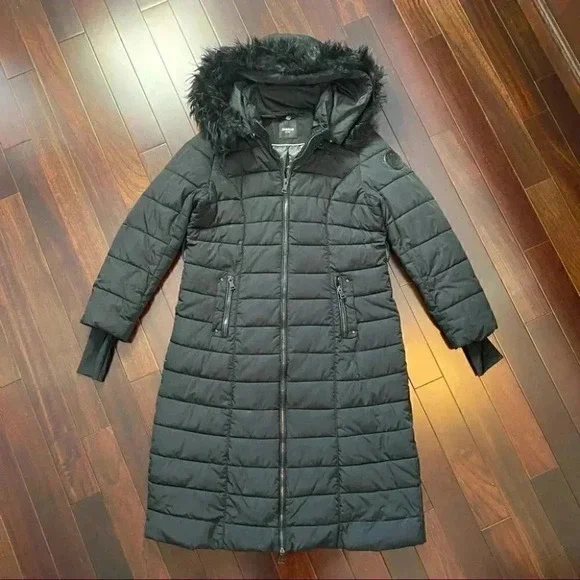 Bebe Long Quilted Winter Puffer Coat Faux Fur Trim Hood Black Size Large - Picture 7 of 16